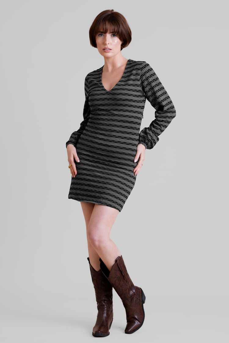 Metallic Silver V-Neck Long Sleeve Mini Dress