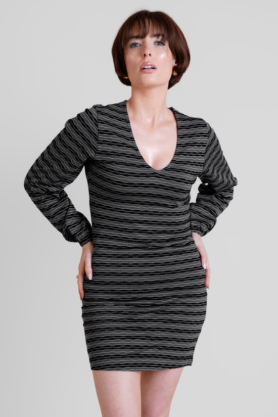 Black Metallic Silver V-Neck Long Sleeve Mini Dress