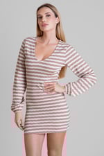 Metallic Silver V-Neck Long Sleeve Mini Dress