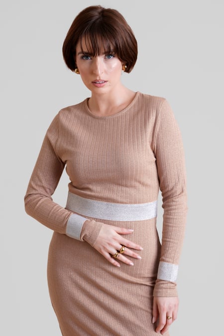 Brown Shiny Silver Metallic Stretch Midi Dress