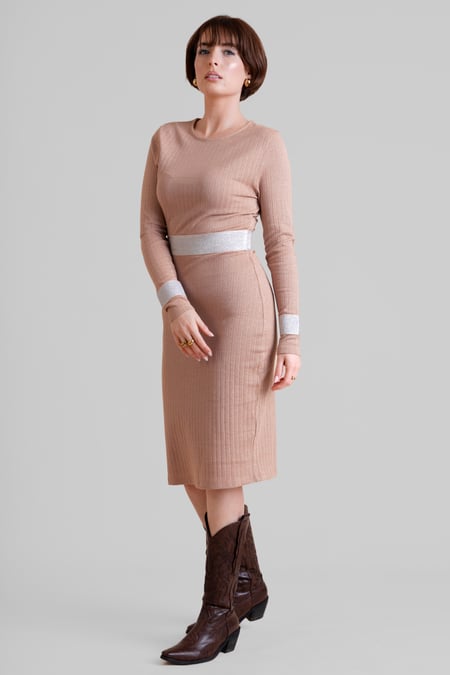 Brown Shiny Silver Metallic Stretch Midi Dress