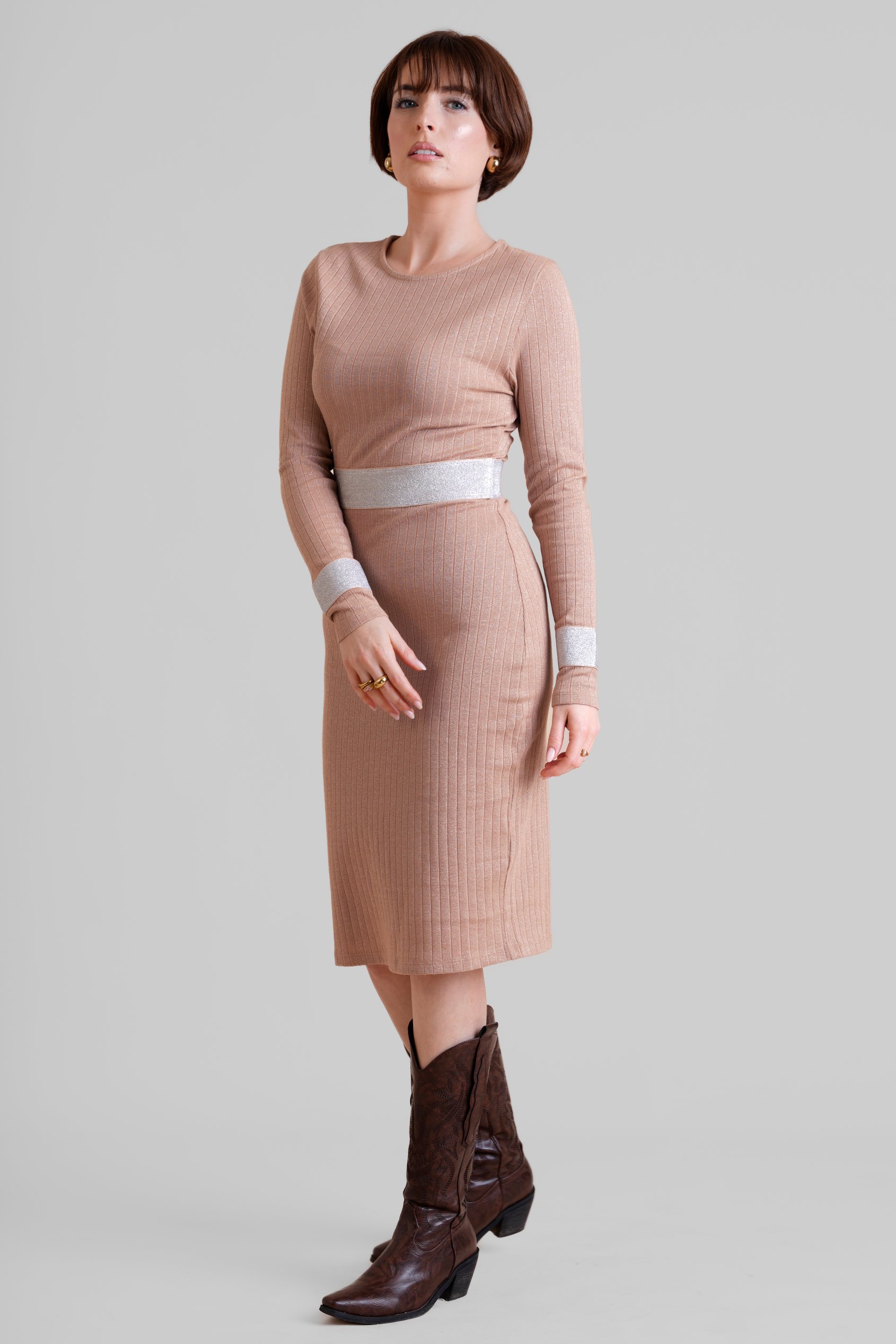 Brown Shiny Silver Metallic Stretch Midi Dress