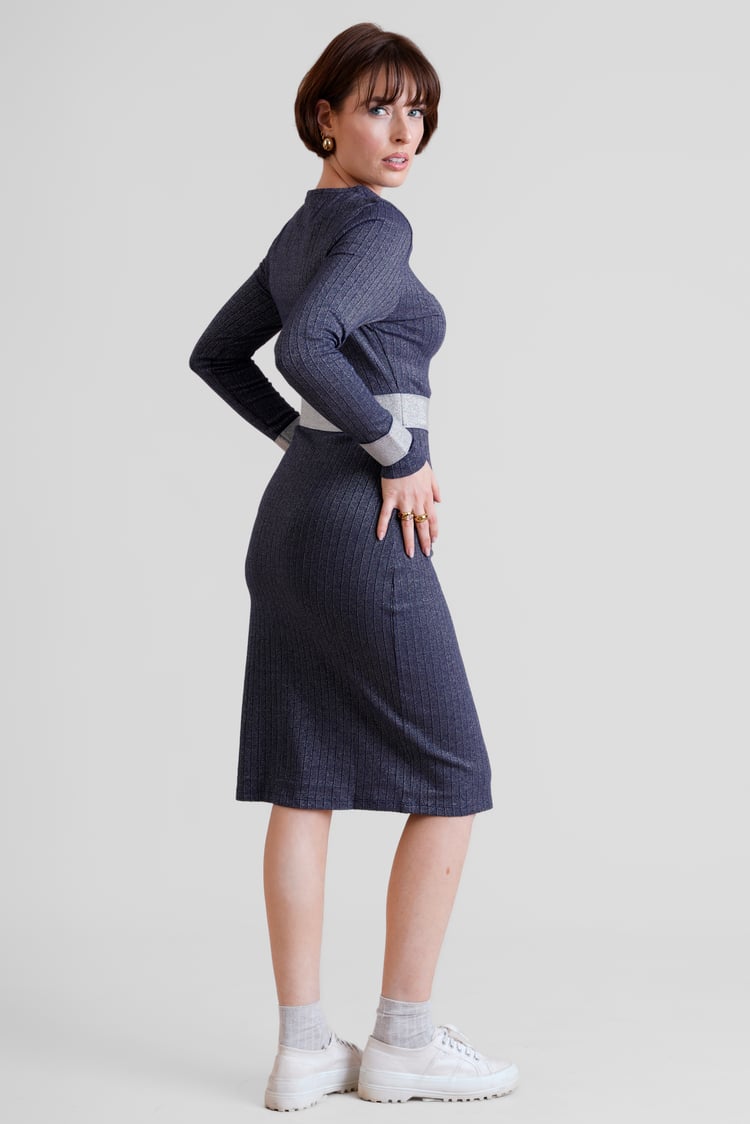 Shiny Silver Metallic Stretch Midi Dress