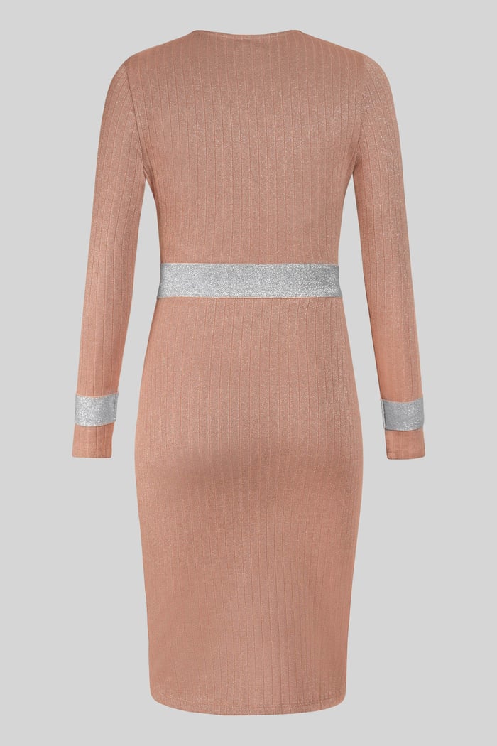 Shiny Silver Metallic Stretch Midi Dress