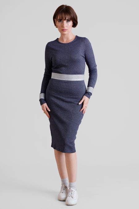 Navy Shiny Silver Metallic Stretch Midi Dress