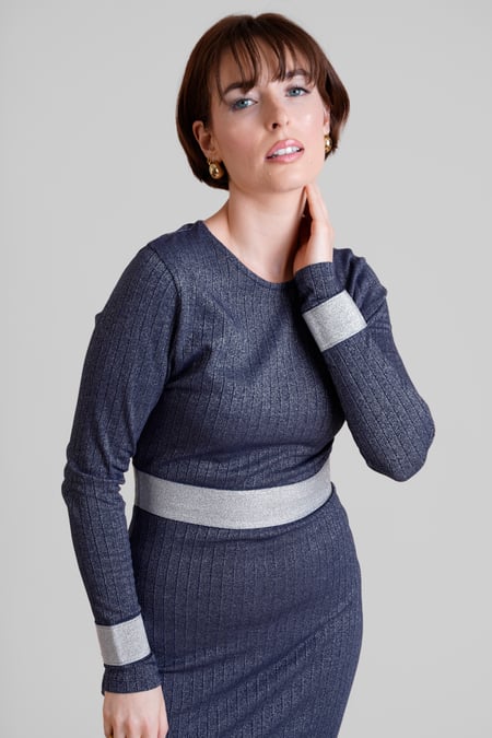 Navy Shiny Silver Metallic Stretch Midi Dress