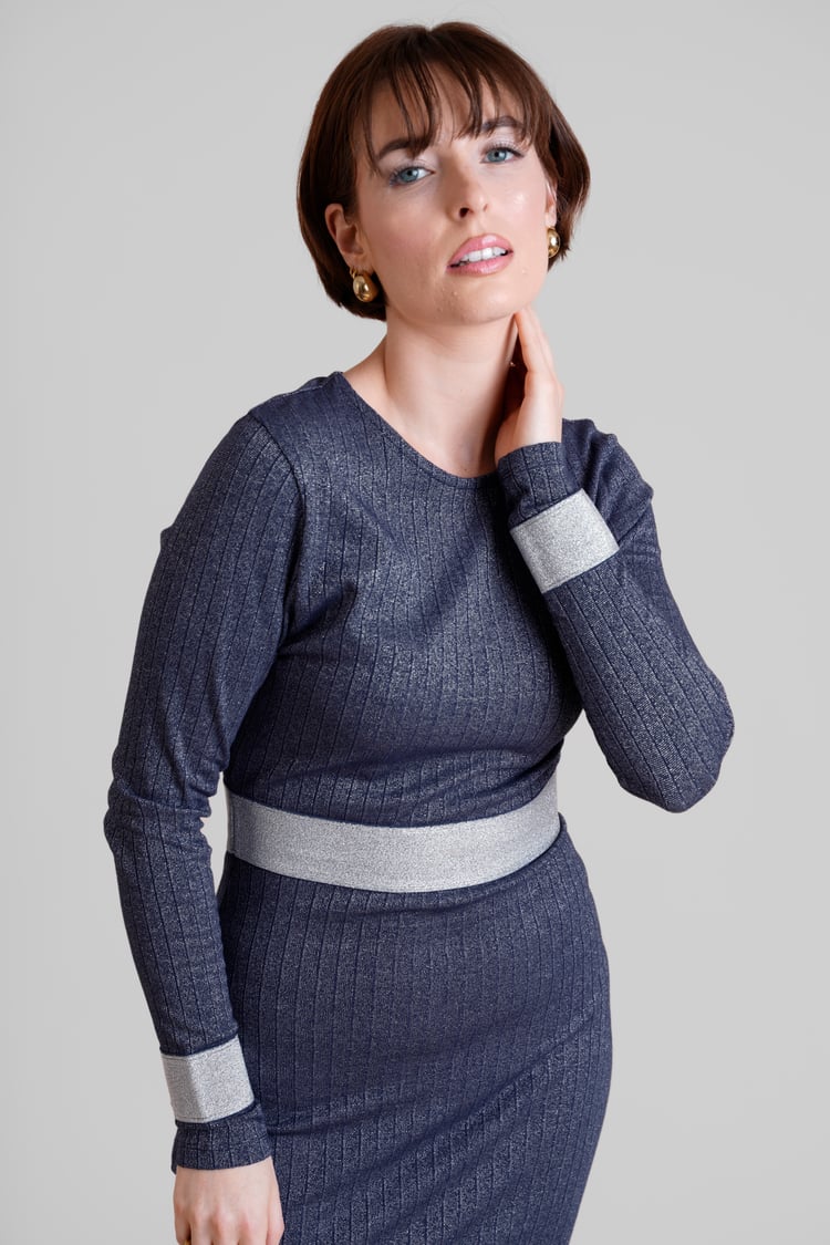 Shiny Silver Metallic Stretch Midi Dress