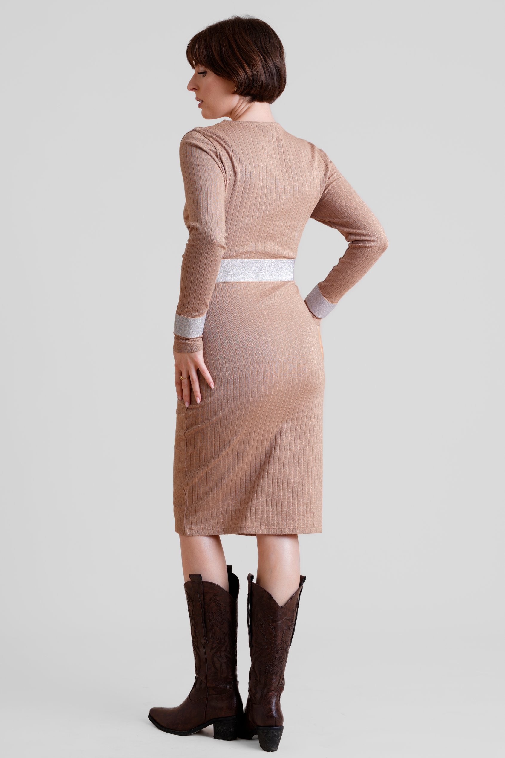 Shiny Silver Metallic Stretch Midi Dress