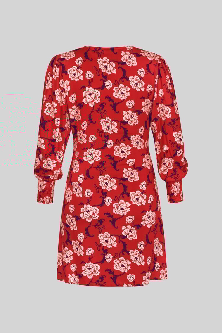 Printed V-Neck Mini Dress With Puff Sleeves and Smock Details
