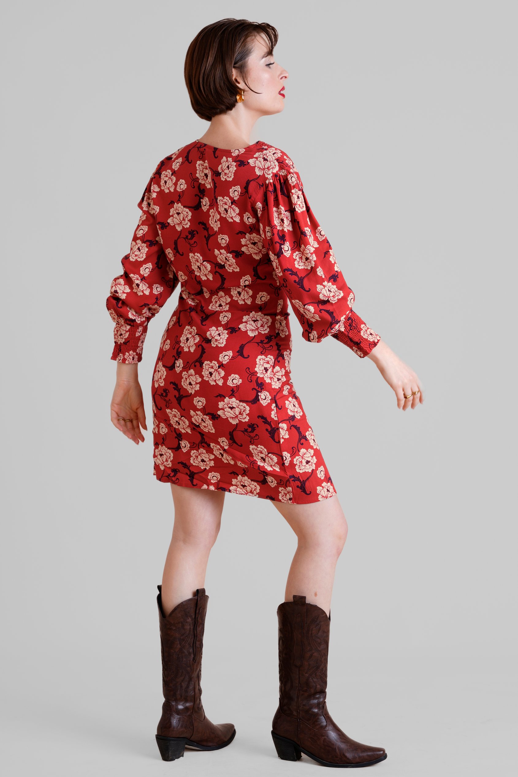 Printed V-Neck Mini Dress With Puff Sleeves and Smock Details