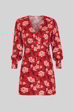 Printed V-Neck Mini Dress With Puff Sleeves and Smock Details