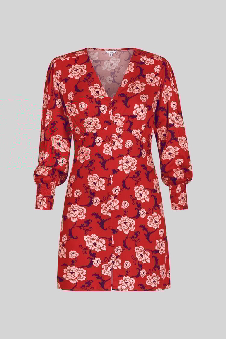 Printed V-Neck Mini Dress With Puff Sleeves and Smock Details