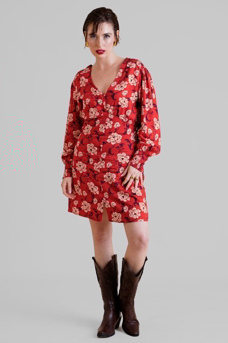 Printed V-Neck Mini Dress With Puff Sleeves and Smock Details