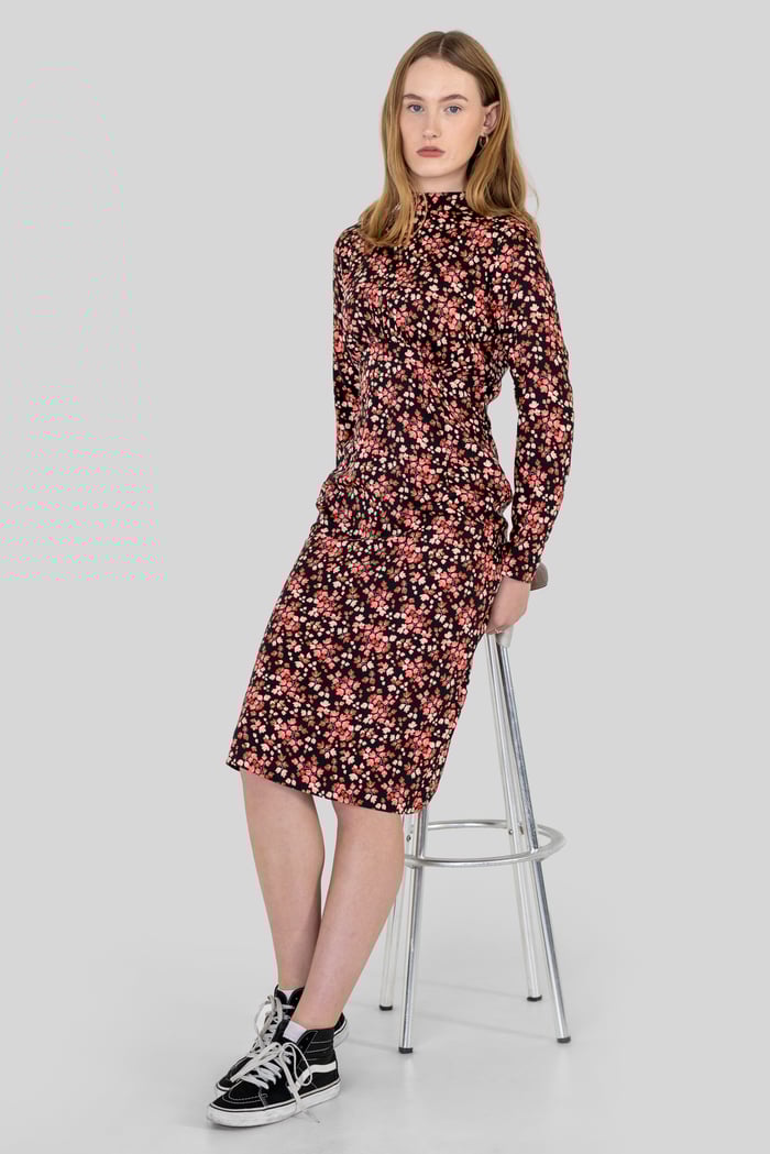 Dark Floral High Neck Ruched Midi Dress