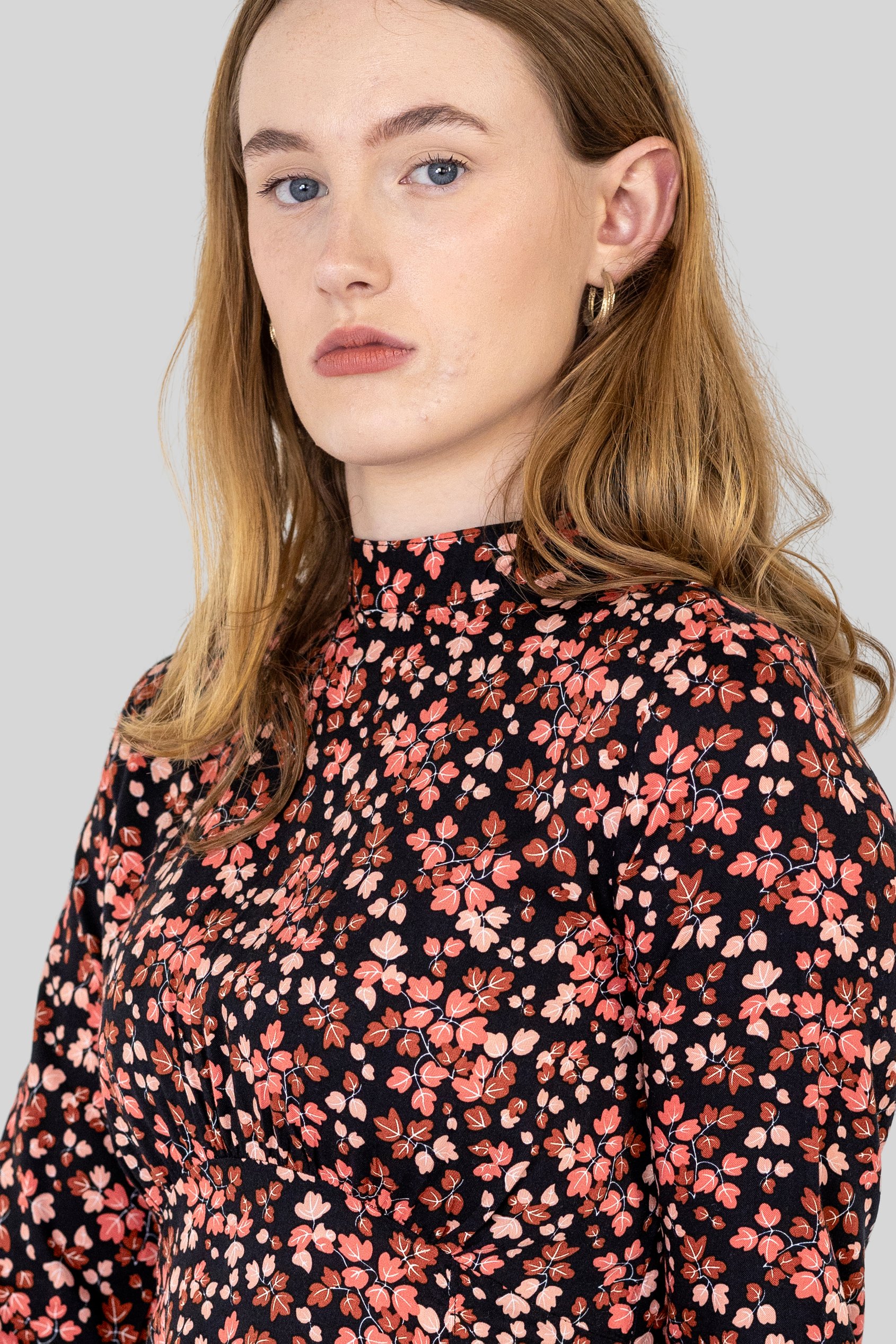 Dark Floral High Neck Ruched Midi Dress