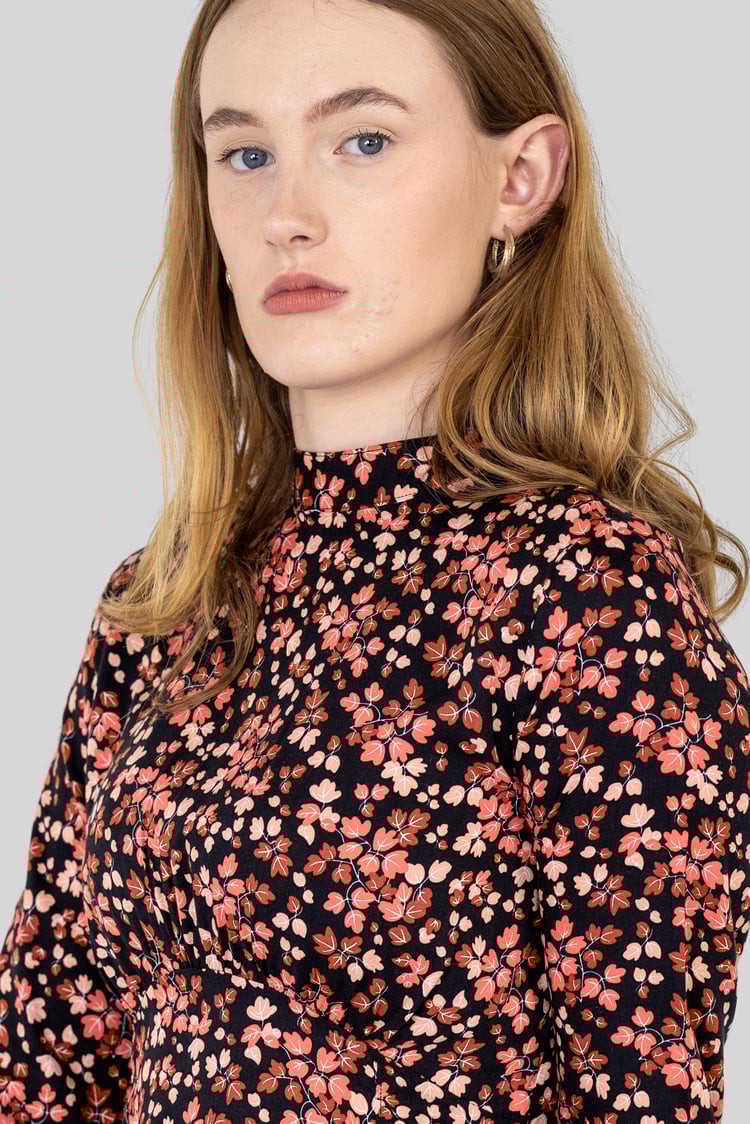 Dark Floral High Neck Ruched Midi Dress