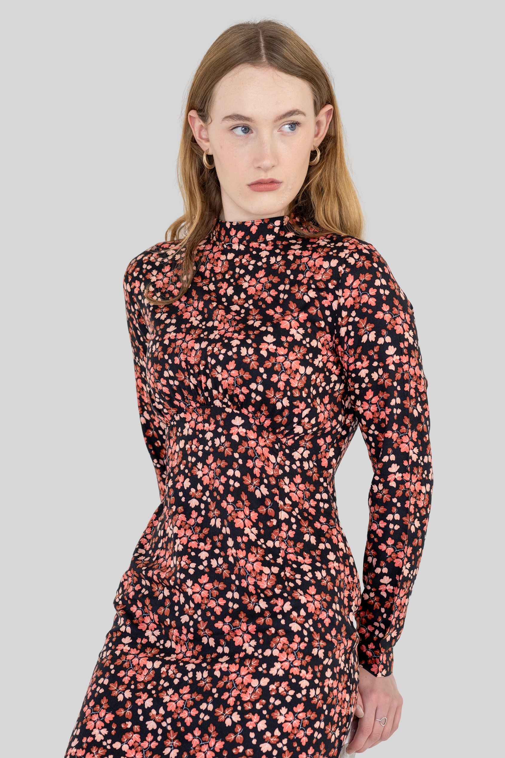 Dark Floral High Neck Ruched Midi Dress