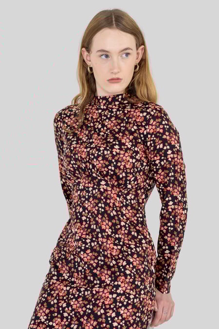 Black Dark Floral High Neck Ruched Midi Dress
