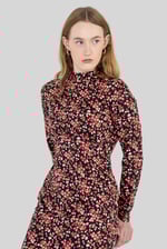 Dark Floral High Neck Ruched Midi Dress