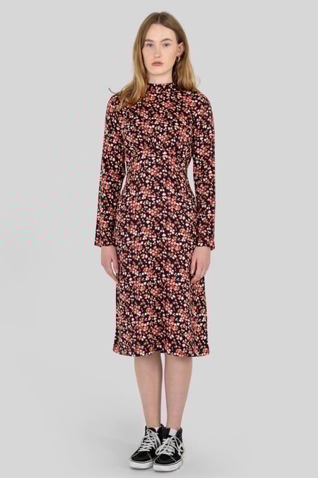 Black Dark Floral High Neck Ruched Midi Dress