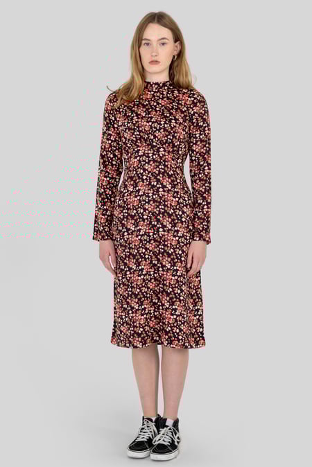 Black Dark Floral High Neck Ruched Midi Dress