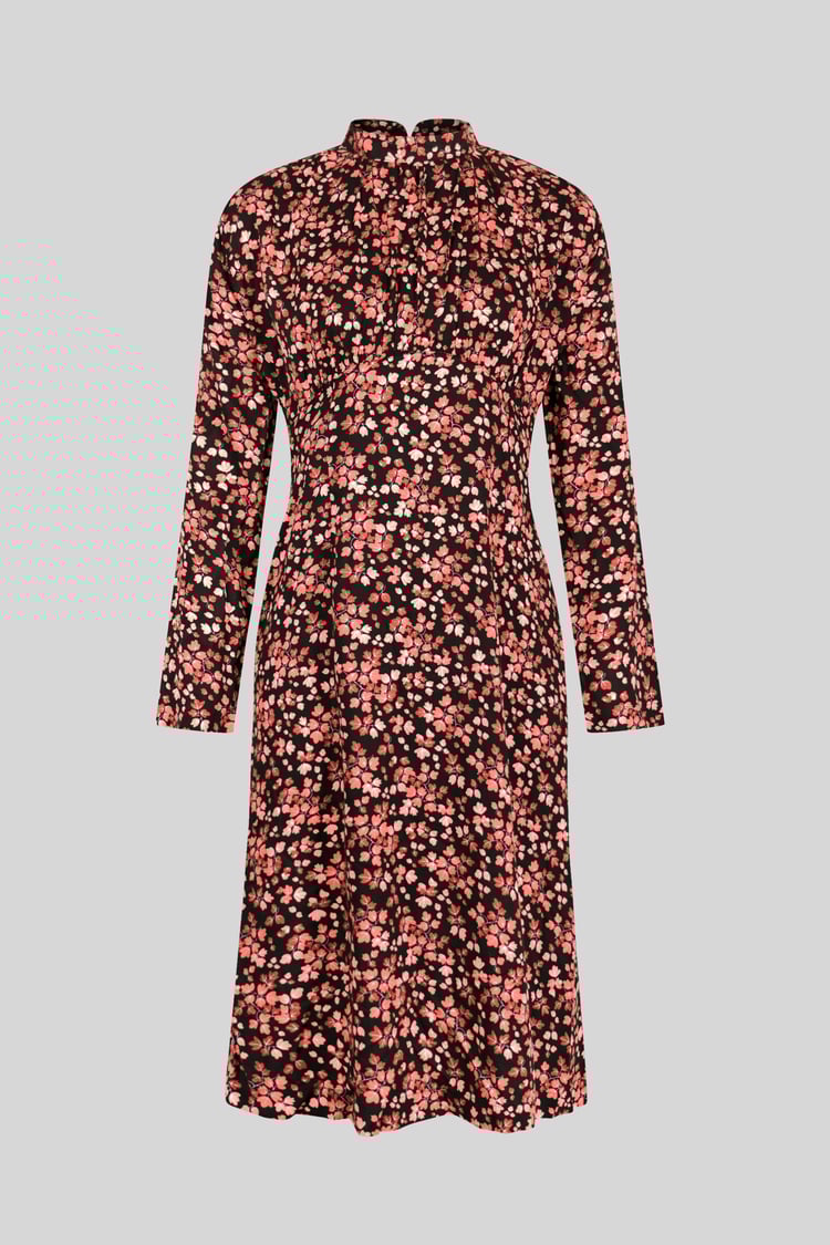 Dark Floral High Neck Ruched Midi Dress