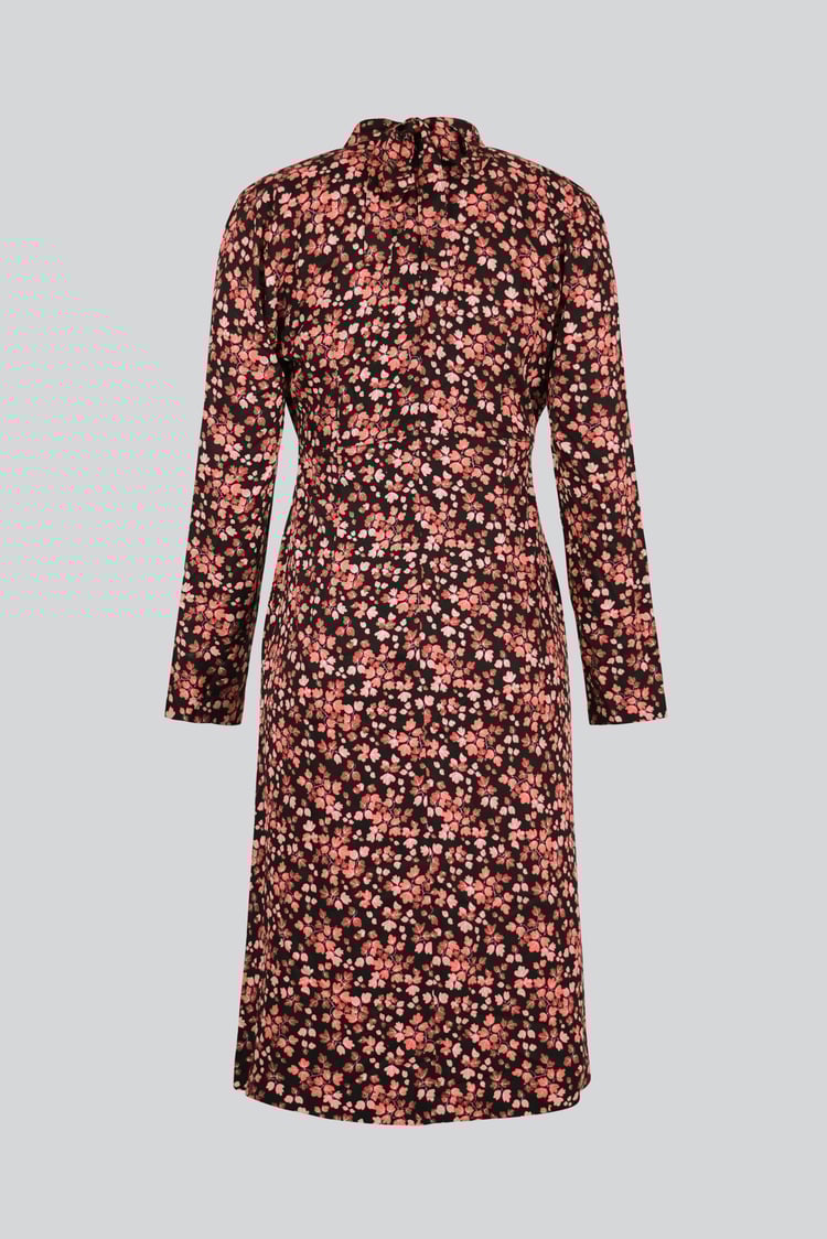 Dark Floral High Neck Ruched Midi Dress