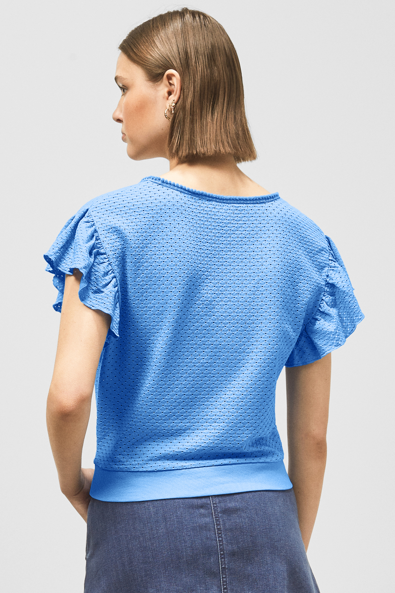 Frill Sleeves Mash Textured Jersey T-Shirt
