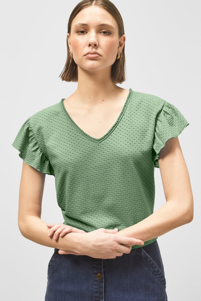 Frill Sleeves Mash Textured Jersey T-Shirt