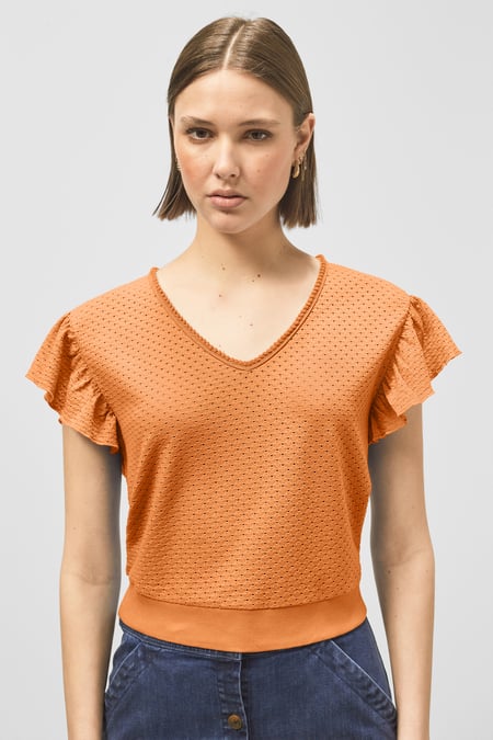 Orange Frill Sleeves Mash Textured Jersey T-Shirt