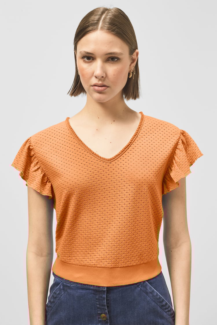 Frill Sleeves Mash Textured Jersey T-Shirt