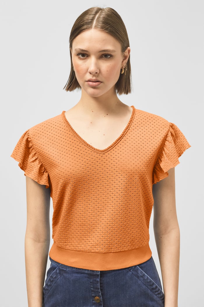 Frill Sleeves Mash Textured Jersey T-Shirt