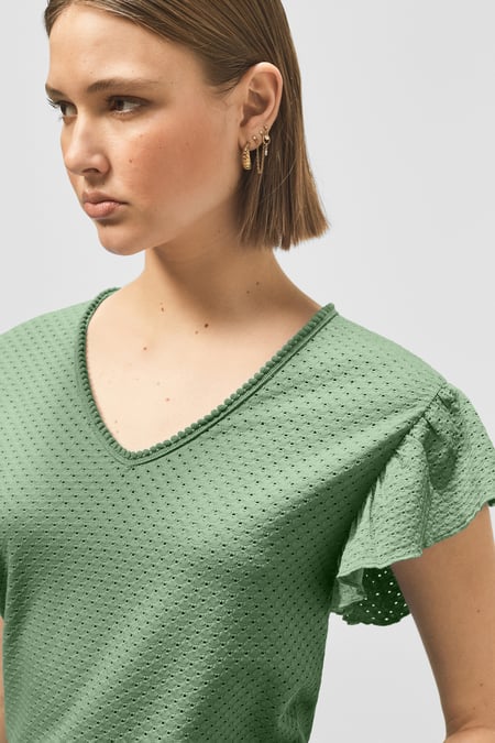 Green Frill Sleeves Mash Textured Jersey T-Shirt