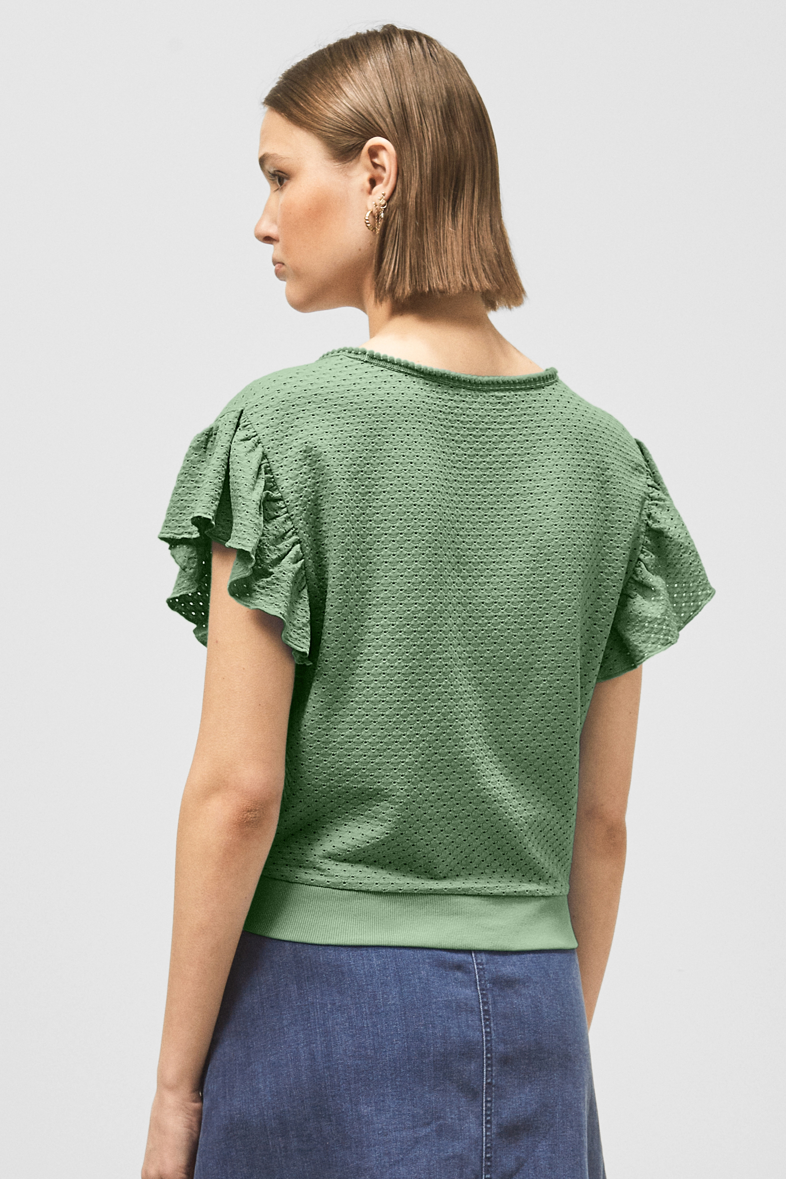 Frill Sleeves Mash Textured Jersey T-Shirt