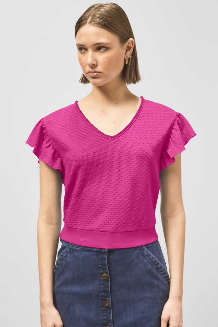 Frill Sleeves Mash Textured Jersey T-Shirt