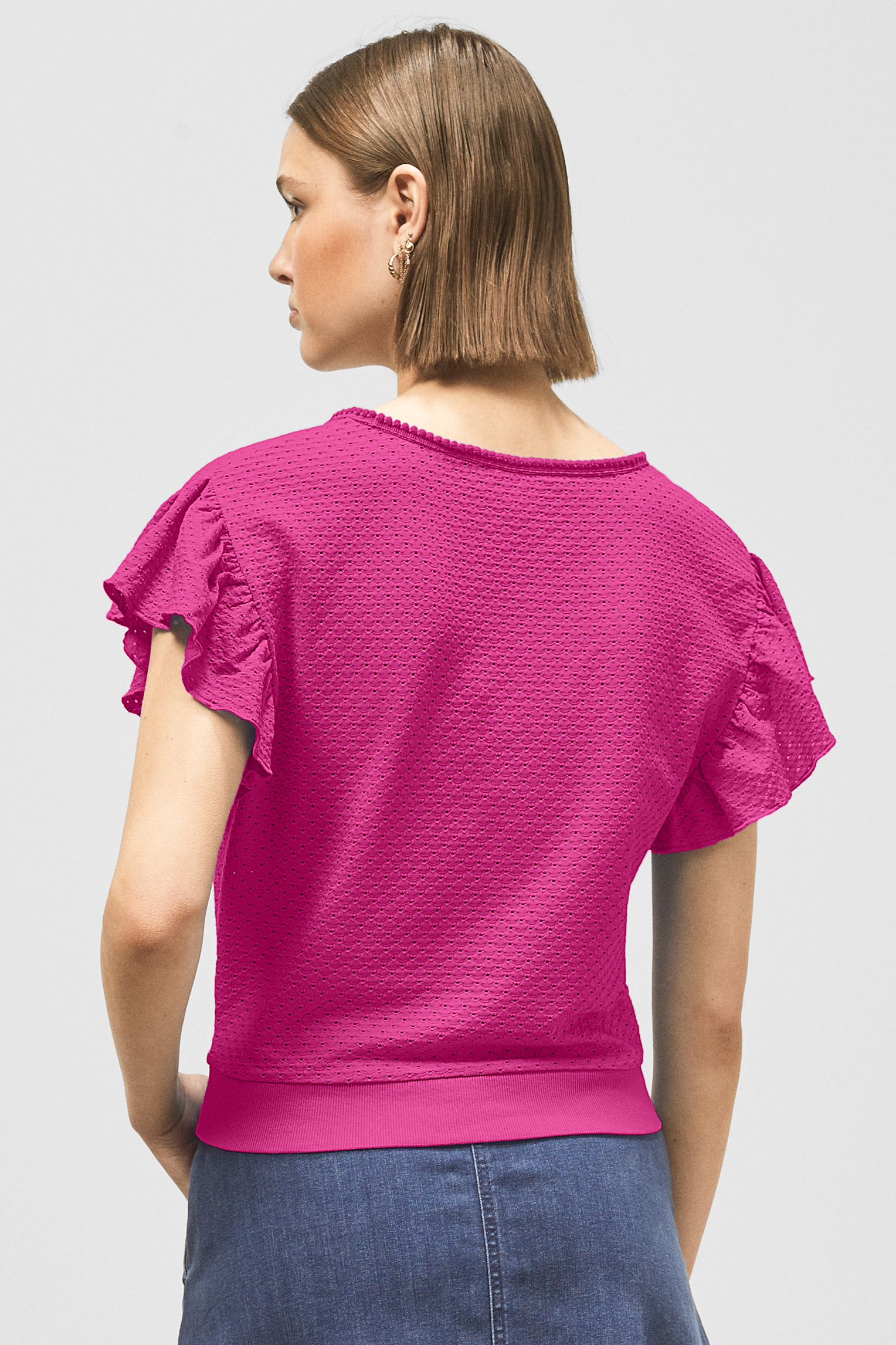 Frill Sleeves Mash Textured Jersey T-Shirt