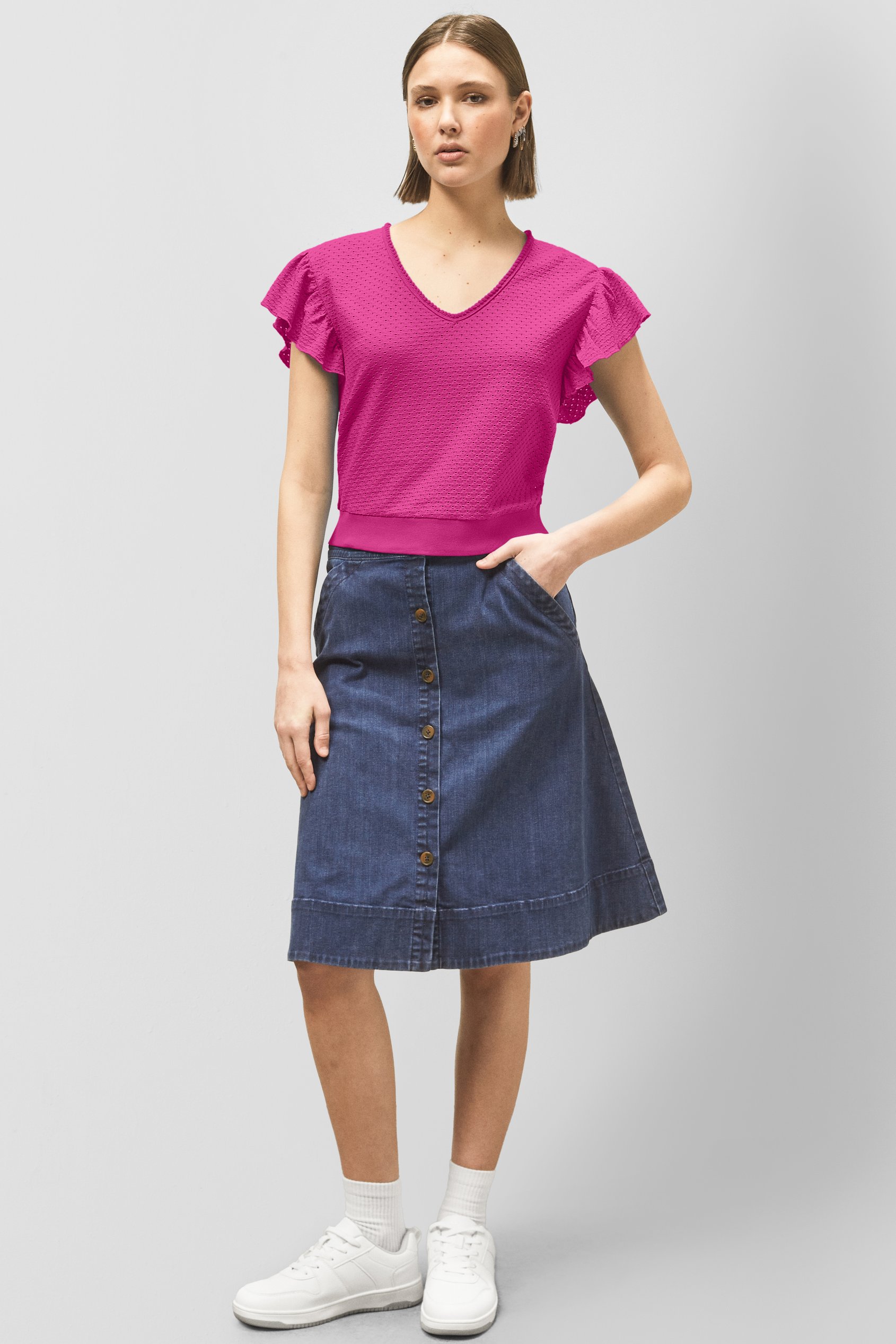 Frill Sleeves Mash Textured Jersey T-Shirt