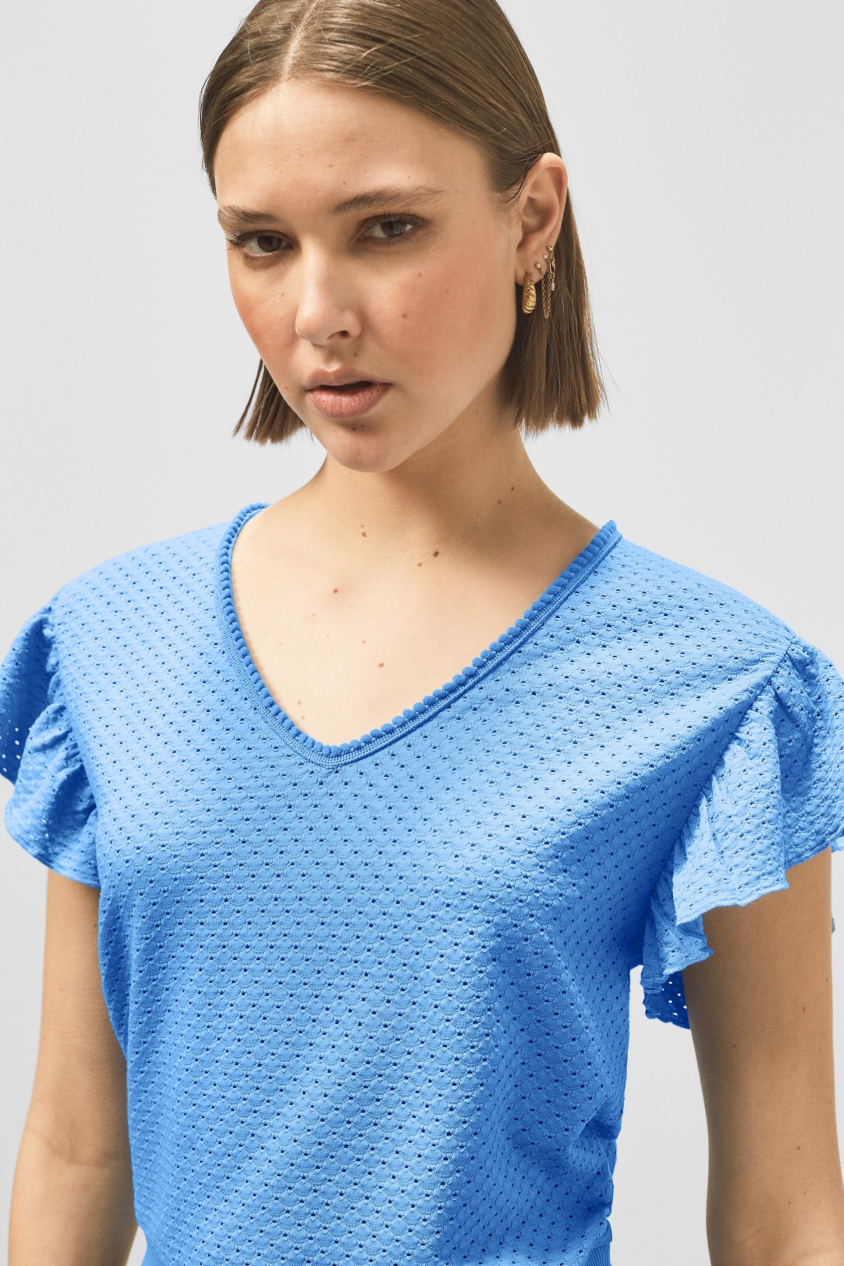Frill Sleeves Mash Textured Jersey T-Shirt