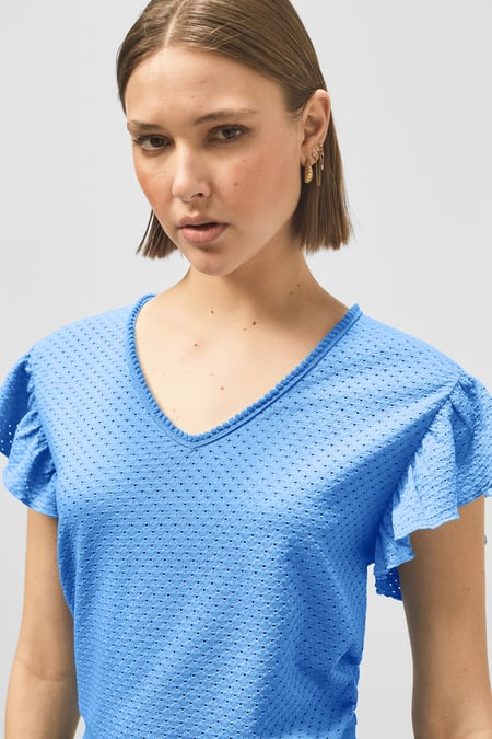 Blue Frill Sleeves Mash Textured Jersey T-Shirt