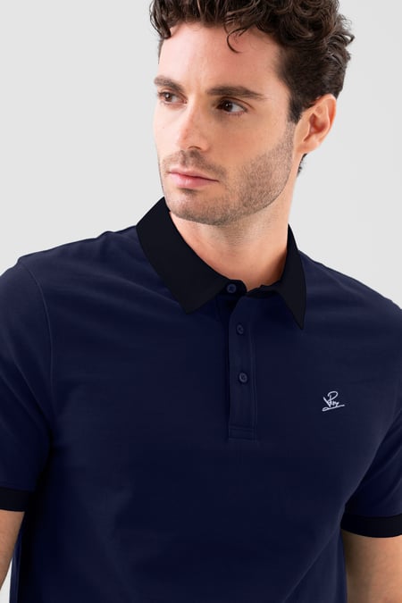 Mens Navy Oxford Collar Pique Polo Shirt