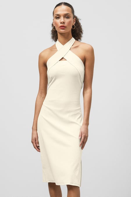 White Crisscross Halter Rib Dress with Open Back