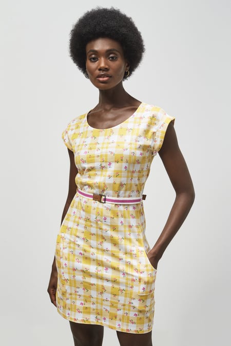 Yellow Belted Printed Jersey Dress