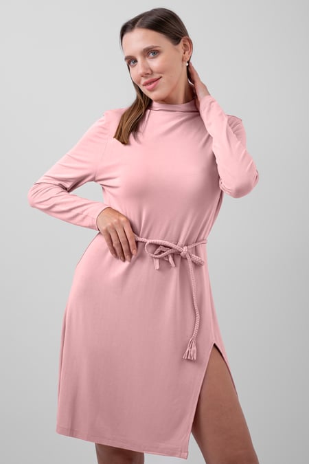 Mock Neck Tie-Belt Mini Dress