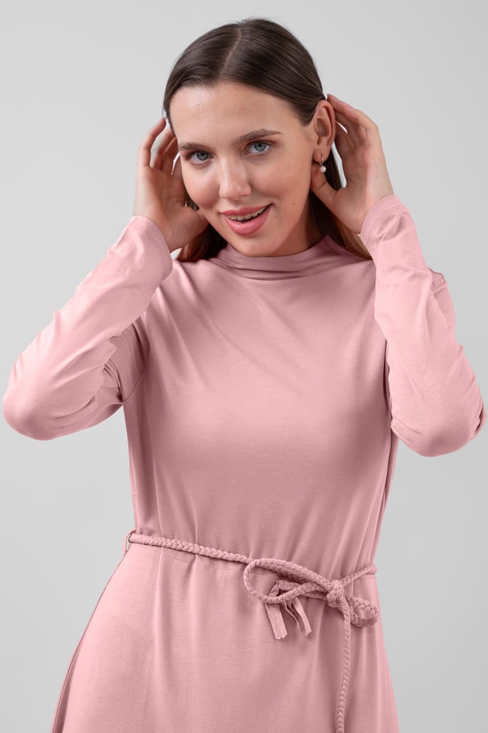 Mock Neck Tie-Belt Midi Dress