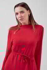 Mock Neck Tie-Belt Mini Dress