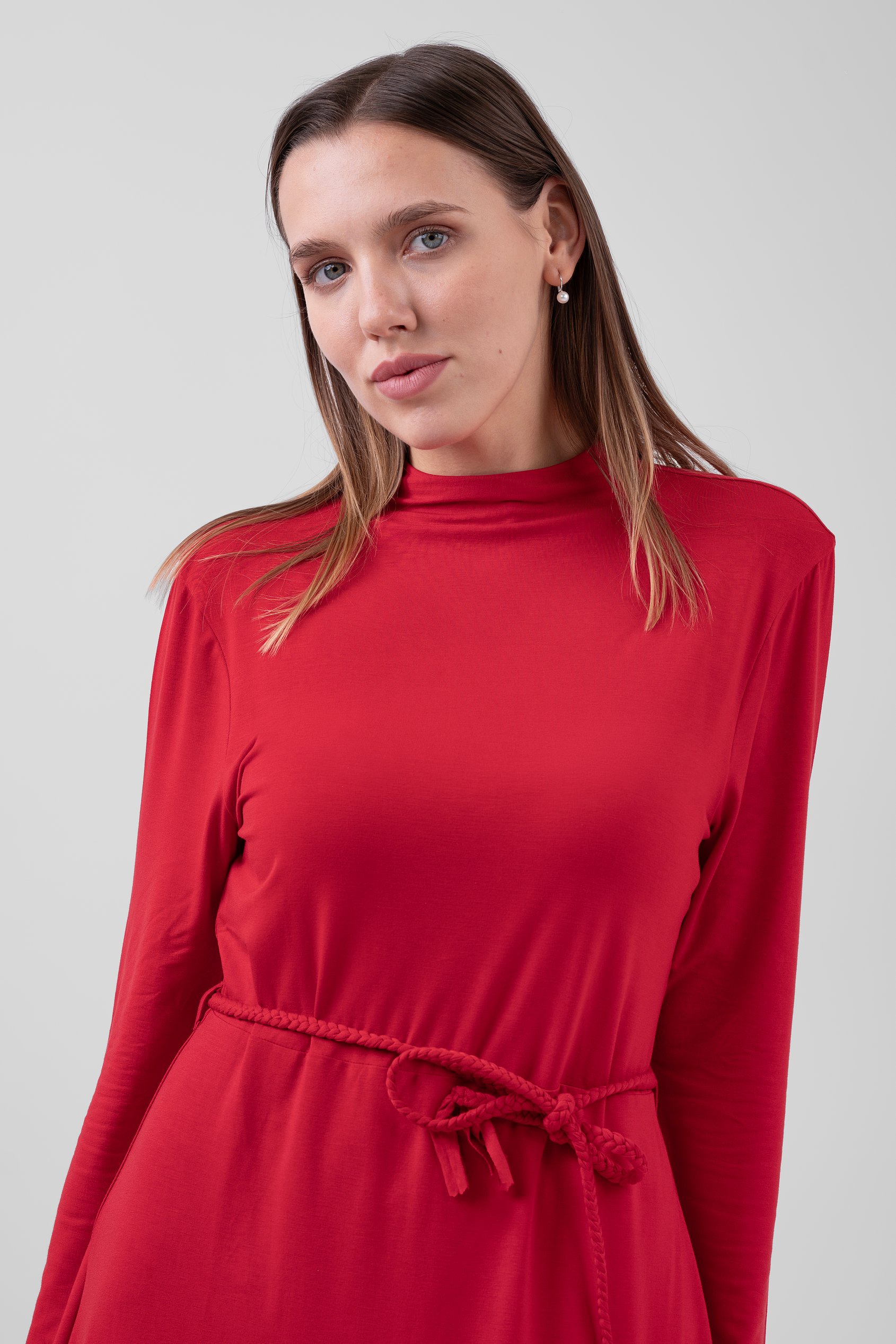 Mock Neck Tie-Belt Midi Dress