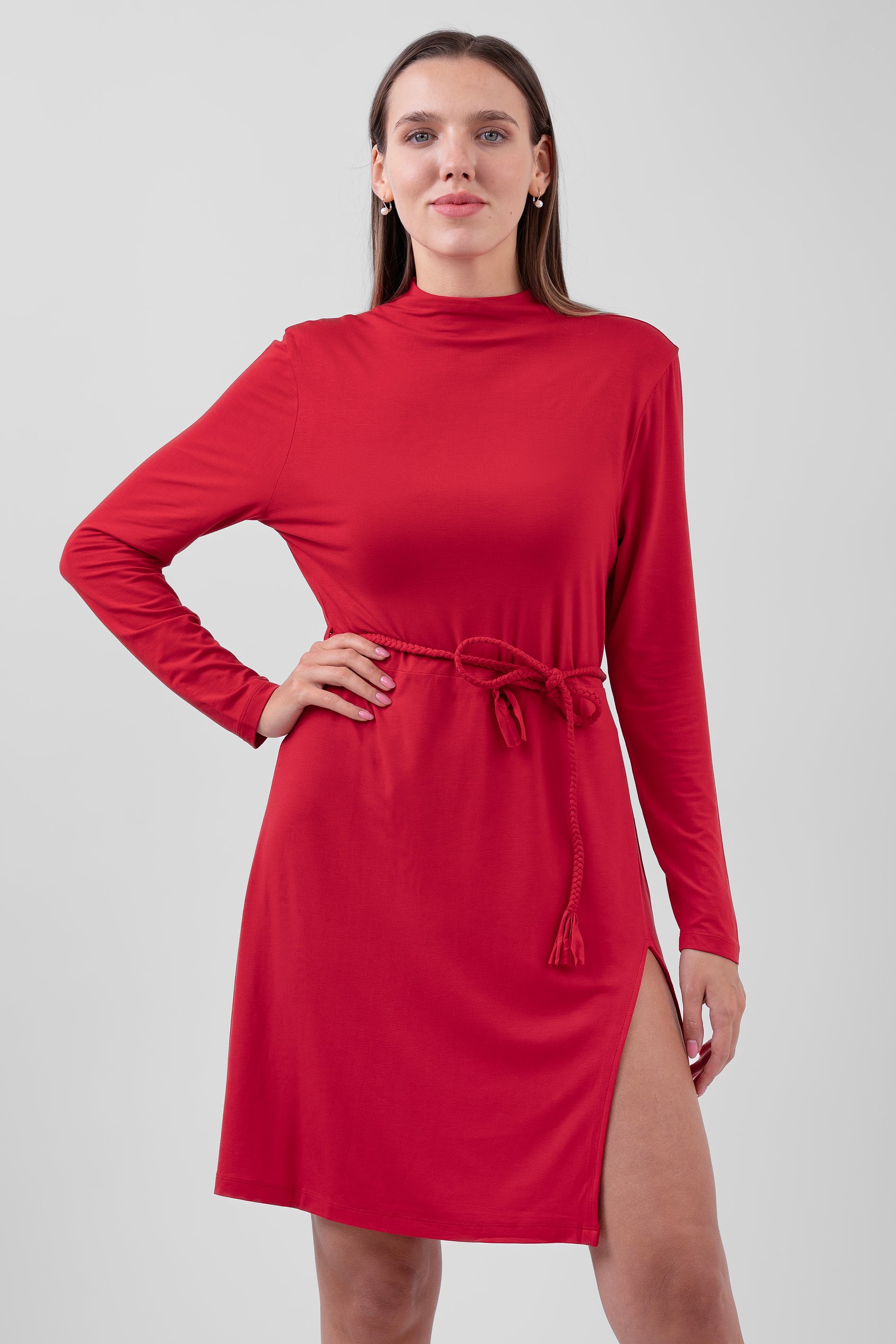 Mock Neck Tie-Belt Mini Dress