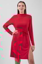 Mock Neck Tie-Belt Mini Dress