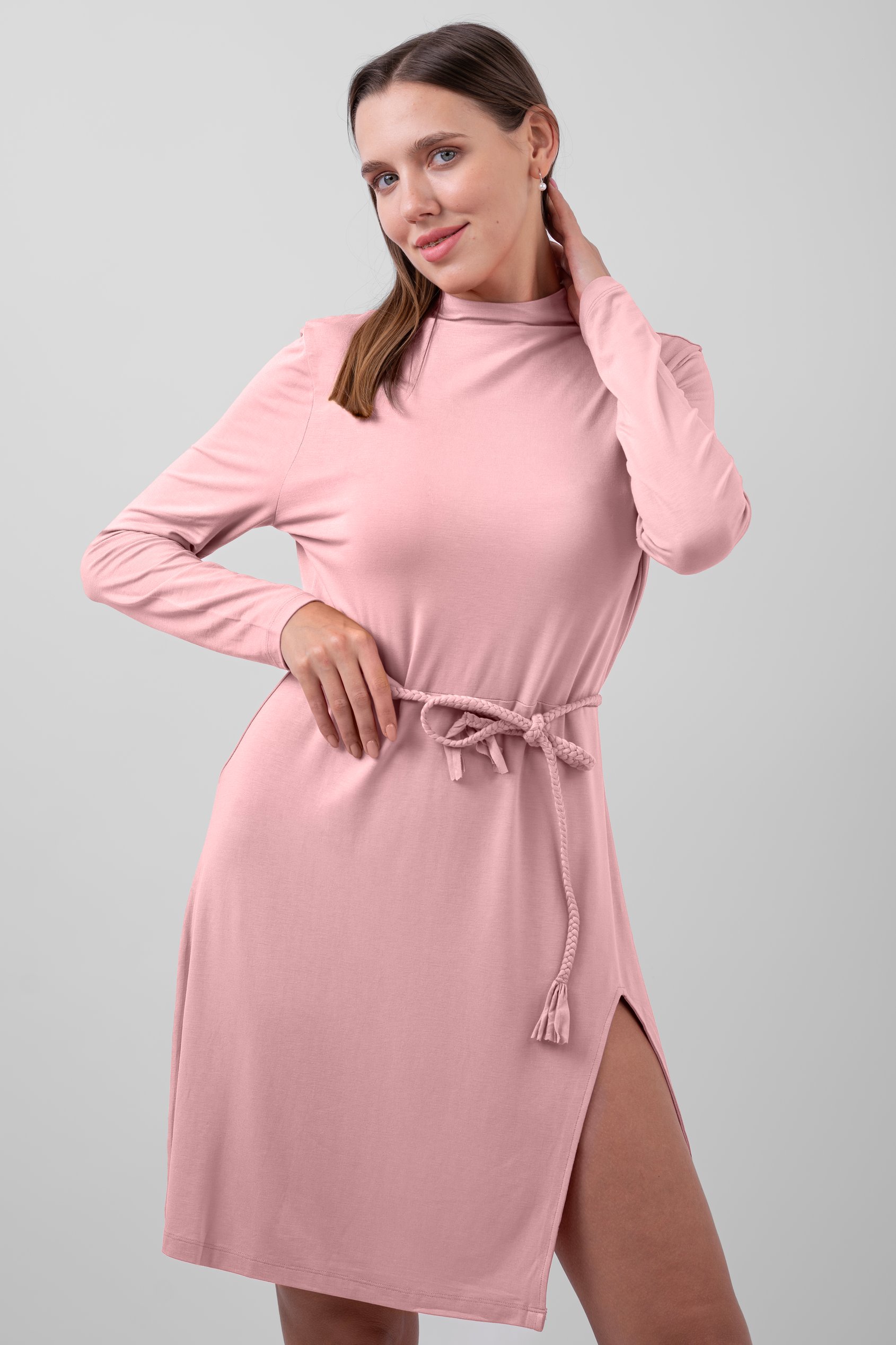 Mock Neck Tie-Belt Mini Dress