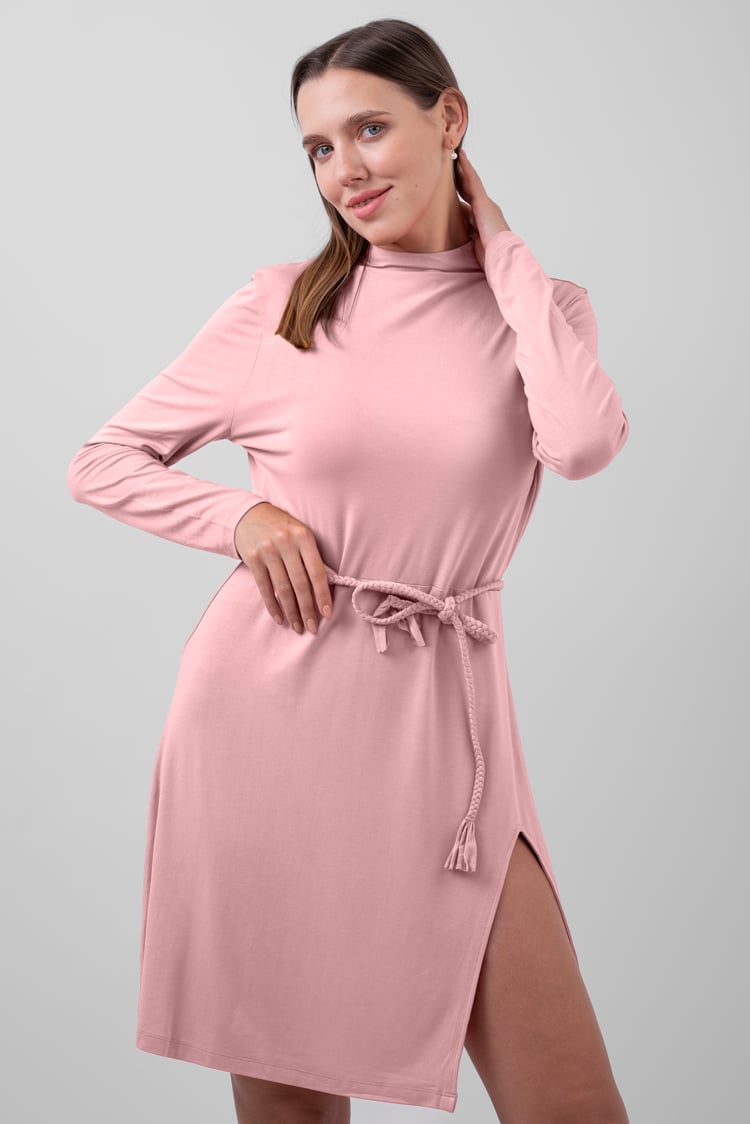Mock Neck Tie-Belt Mini Dress